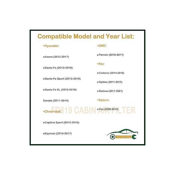 Generic Filtre habitacle EQUINOX (2010-2017), Santa Fe (2012-2018), Santa Fe Sport (2013-2018), Santa Fe XL (2012-2018). 013-2013 019), Sonata Gas (2011-2014, Optima (2011-2015),