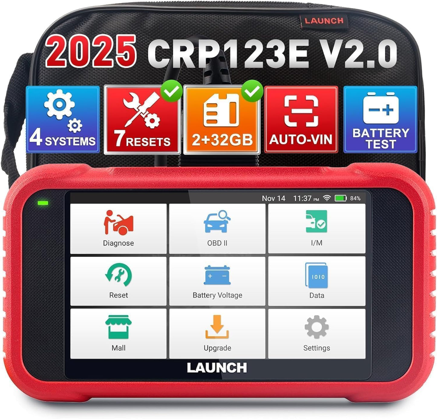 Launch CRP123E V2.0 OBD2 Scanner Moteur/Transmission/ABS/SRS, lecteur de code avec 7 réinitialisations, mise à jour gratuite à vie, FCA SGW, Auto VIN, outil de diagnostic de voiture pour toutes les marques