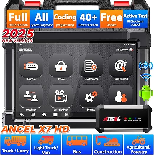 ANCEL X7HD Outil de diagnostic OBD2 robuste pour camion avec DPF, codage ECU, contrôle bidirectionnel diesel, système complet de diagnostic 15+ service de réinitialisation pour Cummins, Detroit,