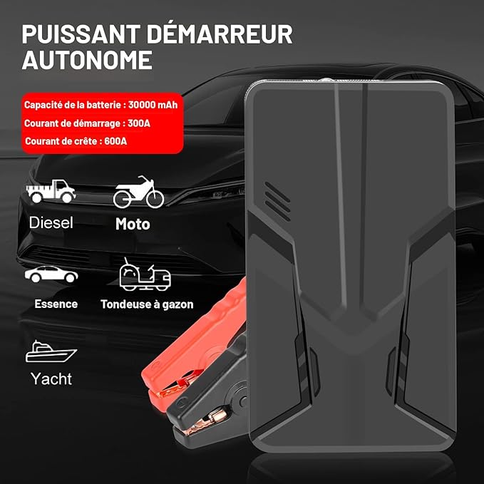 Démarreur de voiture portable au lithium 30 000 mAh 12 V (jusqu'à 6 l de gaz et 3 l diesel), booster , jump-starter