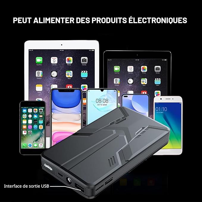 Démarreur de voiture portable au lithium 30 000 mAh 12 V (jusqu'à 6 l de gaz et 3 l diesel), booster , jump-starter