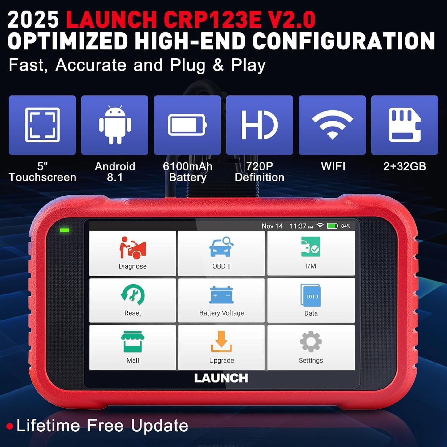 Launch CRP123E V2.0 OBD2 Scanner Moteur/Transmission/ABS/SRS, lecteur de code avec 7 réinitialisations, mise à jour gratuite à vie, FCA SGW, Auto VIN, outil de diagnostic de voiture pour toutes les marques