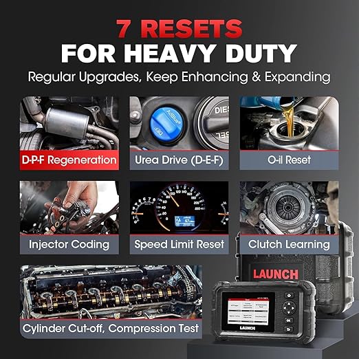 LAUNCH CRP129 HD Appareil de diagnostic pour camion lourd, système complet diesel avec 7 réinitialisations, régénération et réinitialisation DPF, réglage de limitation de vitesse, pour pickups