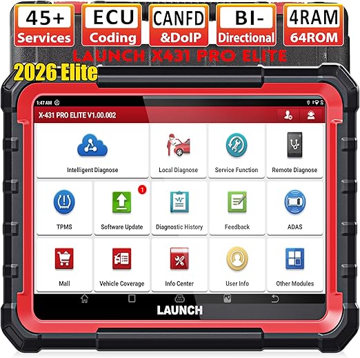 LAUNCH X431 Pro Elite OBD2 Valise Diagnostic Auto, Bi-directionnel, Codage en Ligne de l'ECU, Diagnostic Complet du système, 38+ Services de réinitialisation, CANFD DOIP, FCA, Mise à Jour de 2 Ans