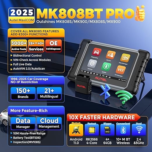 Autel MaxiCOM MK808BT PRO: 2025 Outils de Diagnostic Auto, Améliorée de MK808S MX808S MK808BT, Identique au MK900 MK900-BT, 3000+ Test Actif 28+ Services, Diagnostic Complet, OS11 Soutien BT506 MV108S