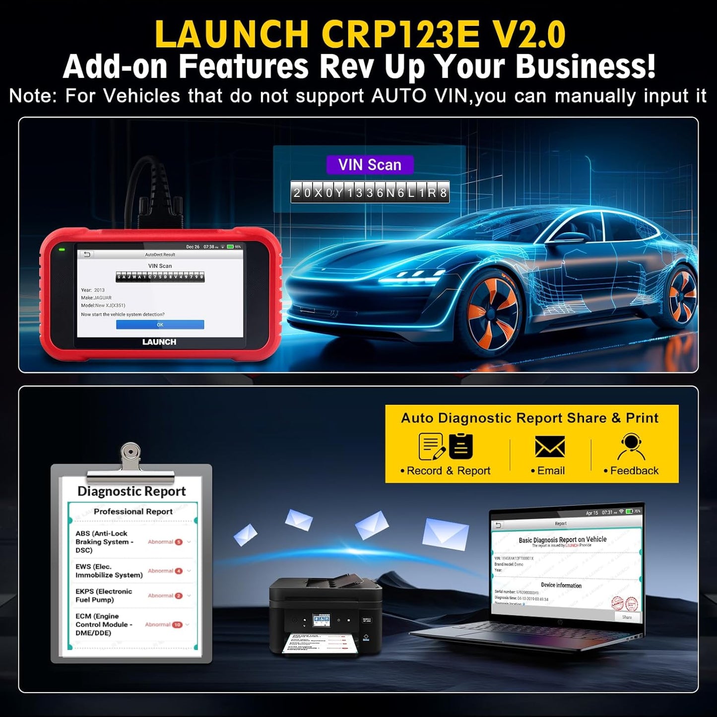 Launch CRP123E V2.0 OBD2 Scanner Moteur/Transmission/ABS/SRS, lecteur de code avec 7 réinitialisations, mise à jour gratuite à vie, FCA SGW, Auto VIN, outil de diagnostic de voiture pour toutes les marques
