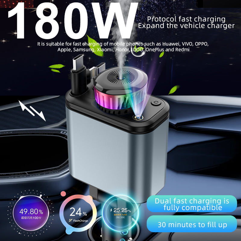 Chargeur de voiture 5-en-1 à charge rapide PD 2.0 180W avec câble rétractable pour téléphone portable et ordinateur portable, diffuseur de parfum désodorisant