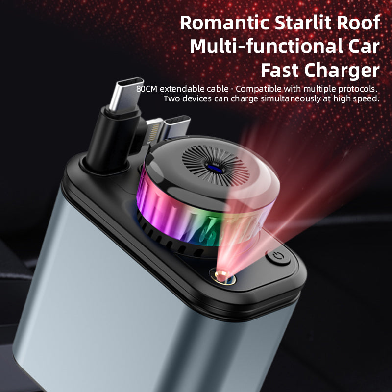 Chargeur de voiture 5-en-1 à charge rapide PD 2.0 180W avec câble rétractable pour téléphone portable et ordinateur portable, diffuseur de parfum désodorisant