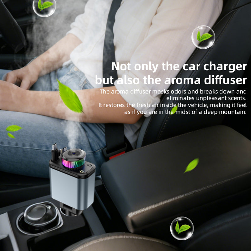 Chargeur de voiture 5-en-1 à charge rapide PD 2.0 180W avec câble rétractable pour téléphone portable et ordinateur portable, diffuseur de parfum désodorisant
