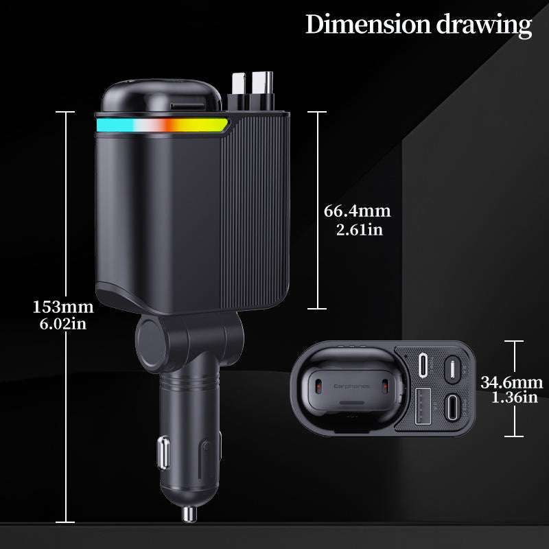 Station de charge pour voiture 4 en 1, 4 ports, 120 W, câble rétractable, charge rapide avec écouteurs sans fil