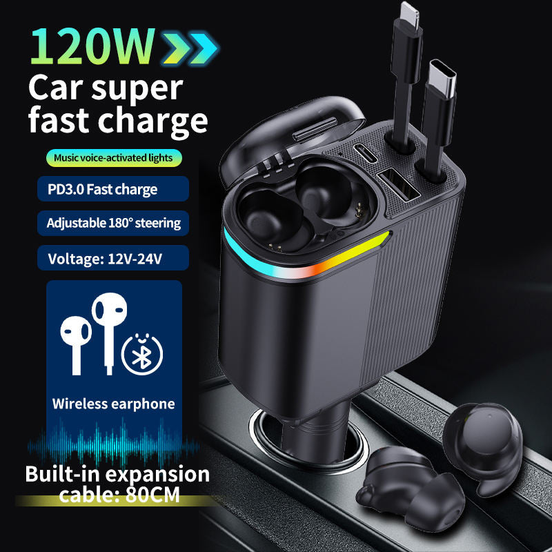 Station de charge pour voiture 4 en 1, 4 ports, 120 W, câble rétractable, charge rapide avec écouteurs sans fil